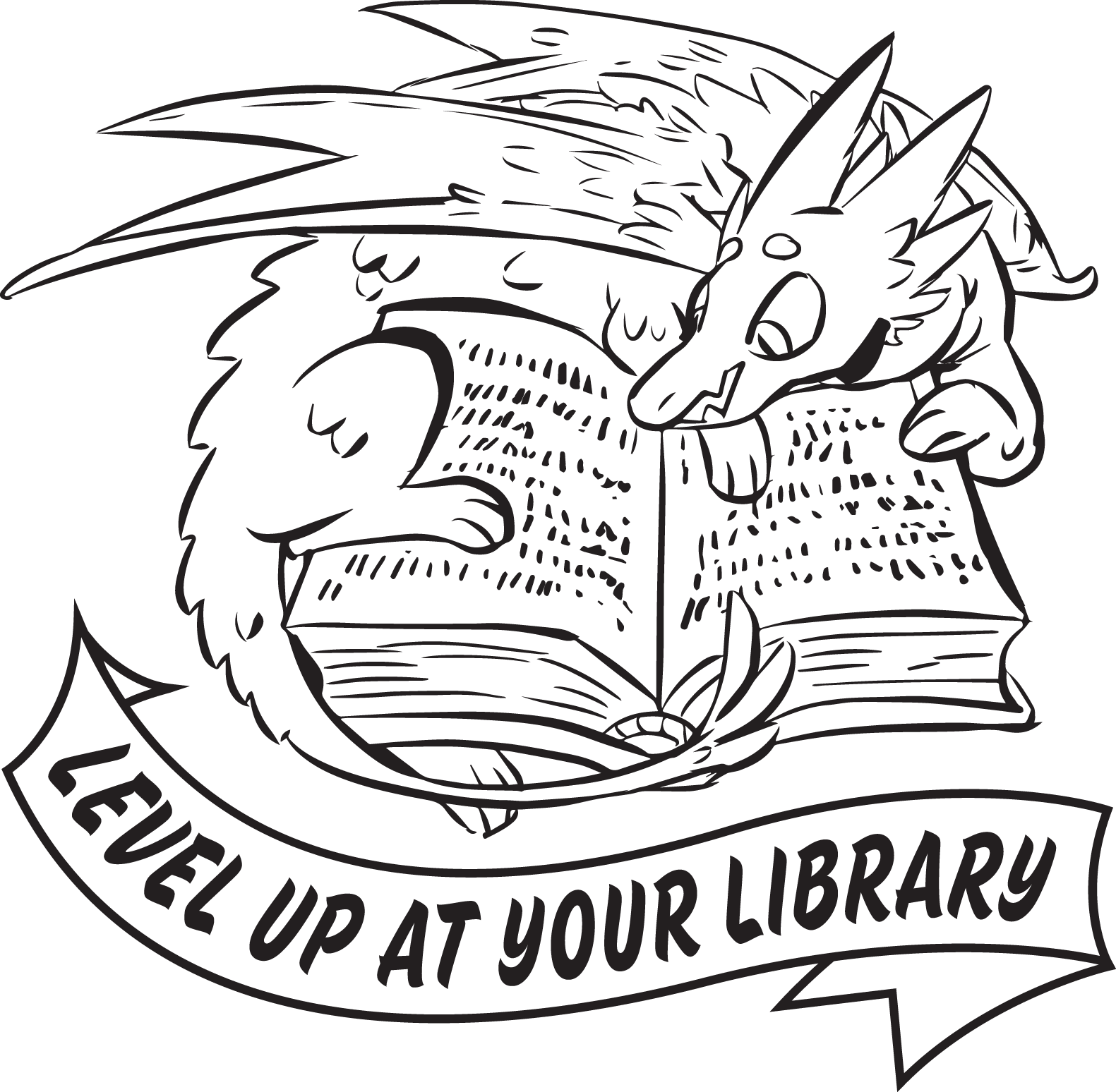 Black and white image of dragon curled up on open book with the text Level Up At Your Library