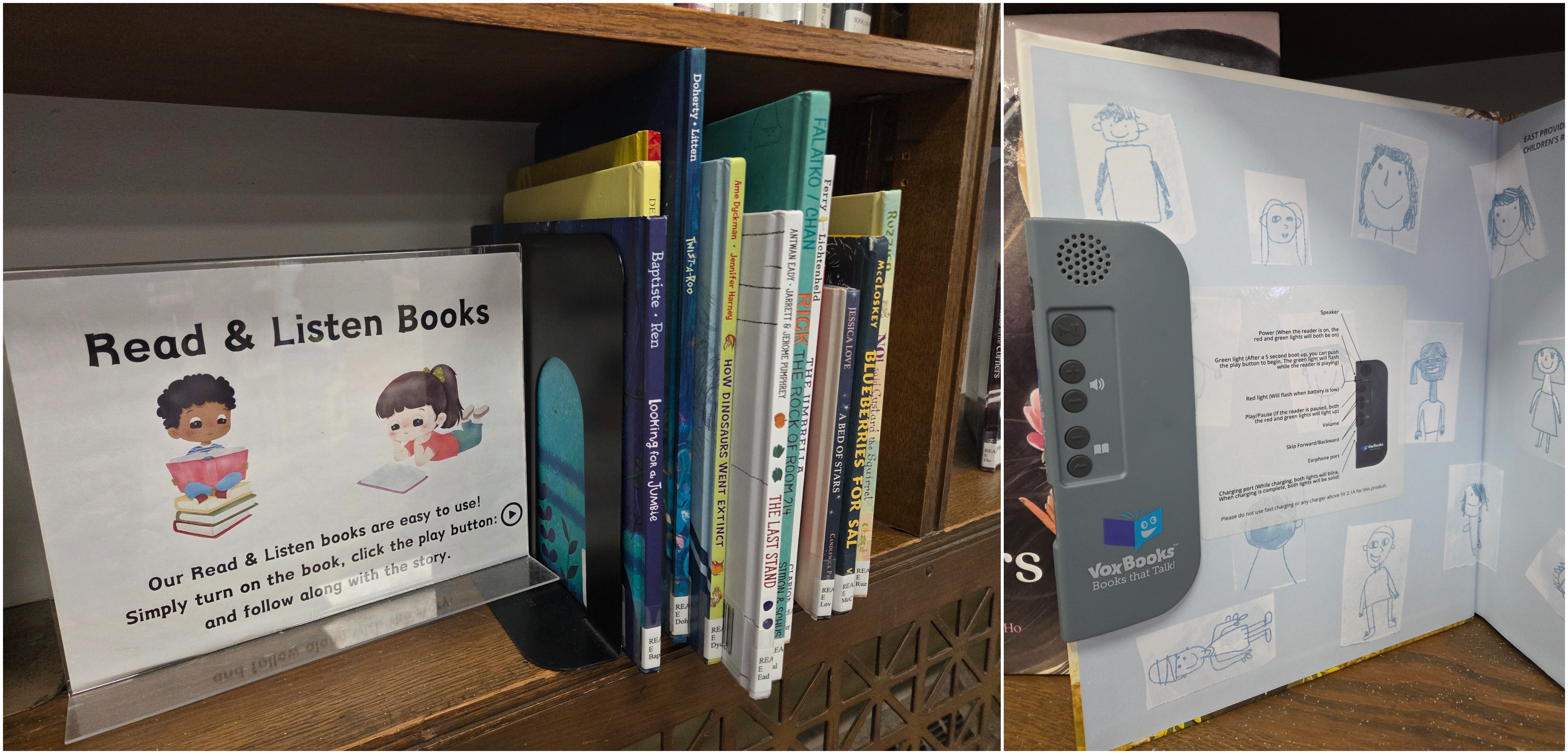 Picture of sign that says 'Read & Listen' books and shelf of books, picture of audio player inside the front cover of a book